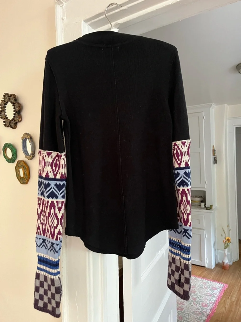 Free People Black Sweater Top with Patterned Long Sleeves